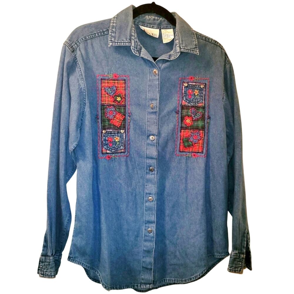 Vintage 90s Womens Long Sleeve Embroidered Denim Jean Shirt Shacket Cottagecore
